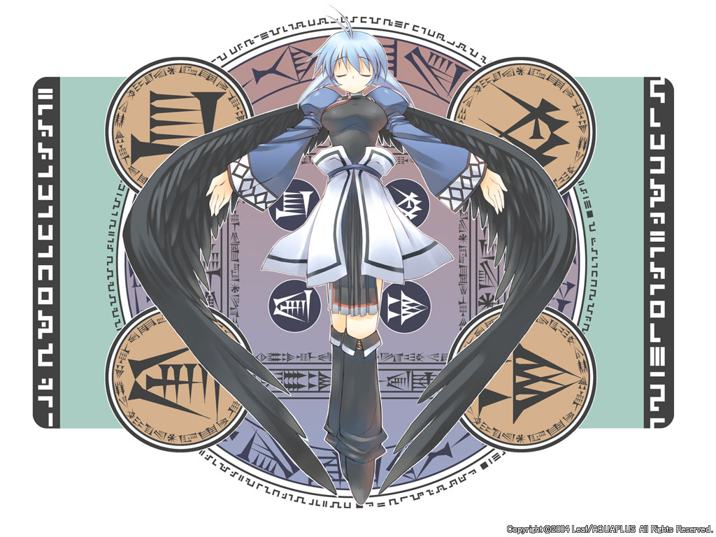 camyu, utawarerumono, silver hair, official art, official wallpaper, 00s, 1girl, antenna hair, black wings, boots, closed eyes, female focus, outstretched arms, short hair, solo, spread arms, wings