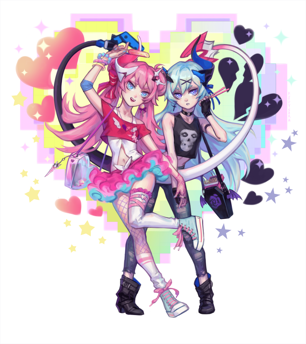kutty-sark, liliya olenyeva, rozaliya olenyeva, honkai (series), honkai impact 3rd, commentary, commission, english commentary, 2girls, :d, arm up, asymmetrical legwear, bag, bare shoulders, black boots, black pants, black shirt, blue eyes, blue shoes, boots, broken heart, crop top, denim, double bun, fishnet pantyhose, fishnets, food, green hair, hair between eyes, hair bun, hair ornament, heart, holding, holding food, jeans, layered skirt, multiple girls, navel, off-shoulder shirt, off shoulder, open mouth, pants, pantyhose, parted lips, pink hair, pink skirt, pixelated, pleated skirt, pocky, popsicle, purple eyes, red shirt, shirt, shoes, short eyebrows, shoulder bag, siblings, single leg pantyhose, single sock, single thighhigh, sisters, skirt, sleeveless, sleeveless shirt, smile, socks, sparkle, tail, thick eyebrows, thighhighs, torn clothes, torn pants, twins, white background, white socks, white thighhighs, x hair ornament