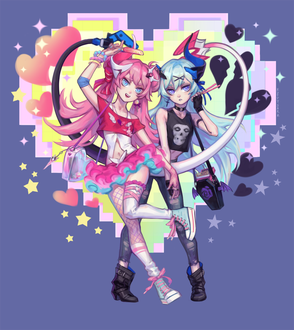 kutty-sark, liliya olenyeva, rozaliya olenyeva, honkai (series), honkai impact 3rd, commission, 2girls, :d, arm up, asymmetrical legwear, bag, bare shoulders, black boots, black pants, black shirt, blue background, blue eyes, blue shoes, boots, broken heart, crop top, denim, double bun, fishnet pantyhose, fishnets, food, green hair, hair between eyes, hair bun, hair ornament, heart, holding, holding food, jeans, layered skirt, multiple girls, navel, off-shoulder shirt, off shoulder, open mouth, pants, pantyhose, parted lips, pink hair, pink skirt, pixelated, pleated skirt, pocky, popsicle, purple eyes, red shirt, shirt, shoes, short eyebrows, shoulder bag, siblings, single leg pantyhose, single sock, single thighhigh, sisters, skirt, sleeveless, sleeveless shirt, smile, socks, sparkle, tail, thick eyebrows, thighhighs, torn clothes, torn pants, twins, white socks, white thighhighs, x hair ornament