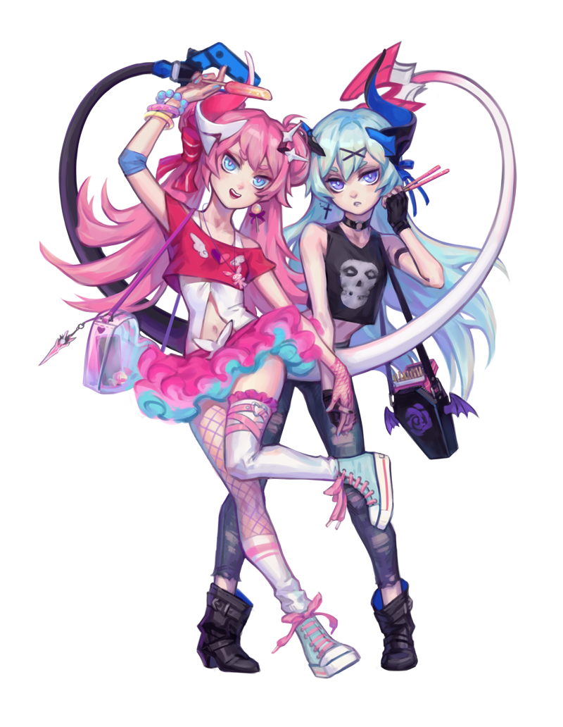 kutty-sark, liliya olenyeva, rozaliya olenyeva, honkai (series), honkai impact 3rd, commission, 2girls, :d, arm up, asymmetrical legwear, bag, bare shoulders, black boots, black pants, black shirt, blue eyes, blue shoes, boots, crop top, denim, double bun, fishnet pantyhose, fishnets, food, green hair, hair between eyes, hair bun, hair ornament, holding, holding food, jeans, layered skirt, multiple girls, navel, off-shoulder shirt, off shoulder, open mouth, pants, pantyhose, parted lips, pink hair, pink skirt, pleated skirt, pocky, popsicle, purple eyes, red shirt, shirt, shoes, short eyebrows, shoulder bag, siblings, simple background, single leg pantyhose, single sock, single thighhigh, sisters, skirt, sleeveless, sleeveless shirt, smile, socks, tail, thick eyebrows, thighhighs, torn clothes, torn pants, twins, white background, white socks, white thighhighs, x hair ornament