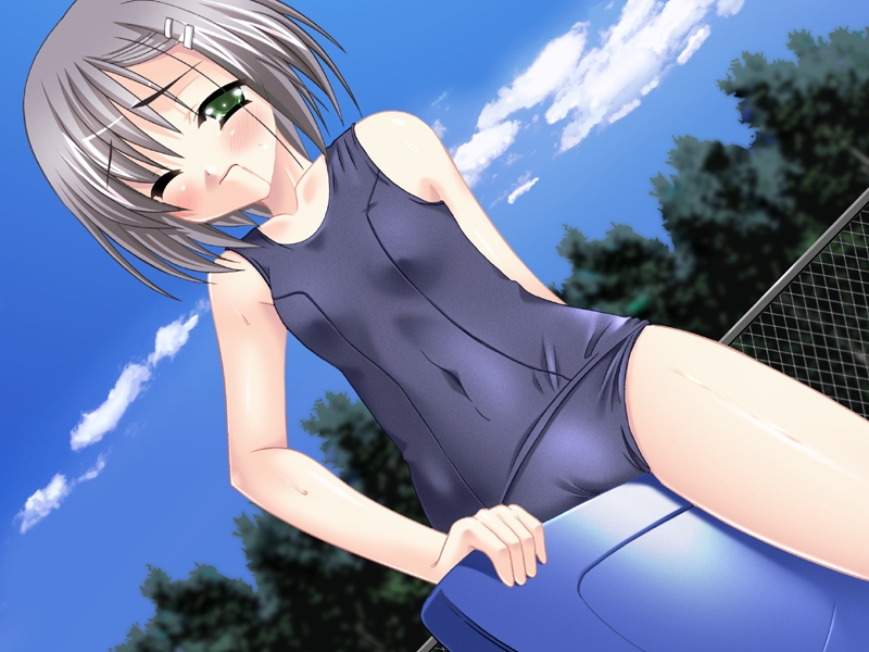 kyogoku shin, tachibana sakura, naisho no houkago, game cg, 1girl, crotch rub, female focus, female masturbation, hair ornament, hairclip, kickboard, loli, masturbation, one-piece swimsuit, school swimsuit, solo, swimsuit