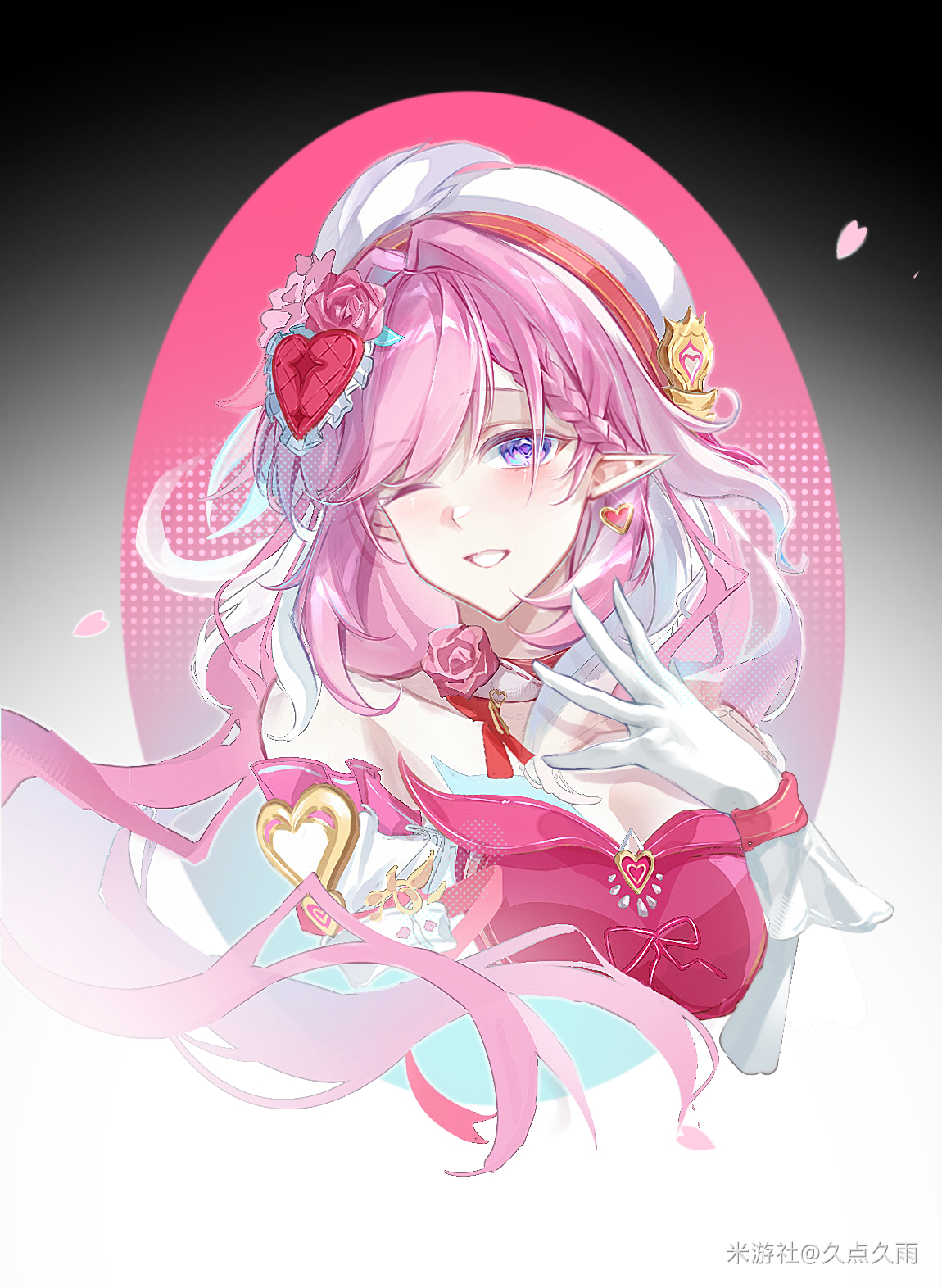 elysia (honkai impact), honkai (series), honkai impact 3rd, chinese commentary, commentary request, highres, 1girl, 9953613546, ;), breasts, cleavage, cropped torso, diamond-shaped pupils, diamond (shape), dress, flower, gloves, hair flower, hair ornament, hat, large breasts, long hair, miyoushe watermark, multicolored hair, one eye closed, pink hair, purple eyes, red dress, smile, solo, symbol-shaped pupils, two-tone background, two-tone hair, very long hair, watermark, white gloves, white hair, white hat