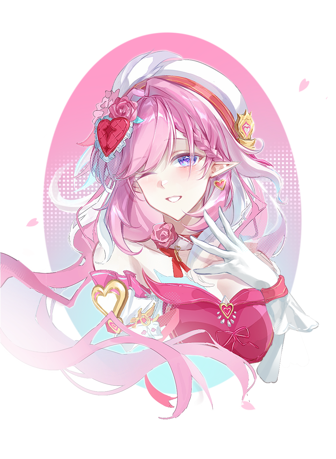 elysia (honkai impact), honkai (series), honkai impact 3rd, chinese commentary, commentary request, highres, 1girl, 9953613546, ;), breasts, cleavage, cropped torso, diamond-shaped pupils, diamond (shape), dress, flower, gloves, hair flower, hair ornament, hat, large breasts, long hair, multicolored hair, one eye closed, pink hair, purple eyes, red dress, smile, solo, symbol-shaped pupils, transparent background, two-tone hair, very long hair, white gloves, white hair, white hat