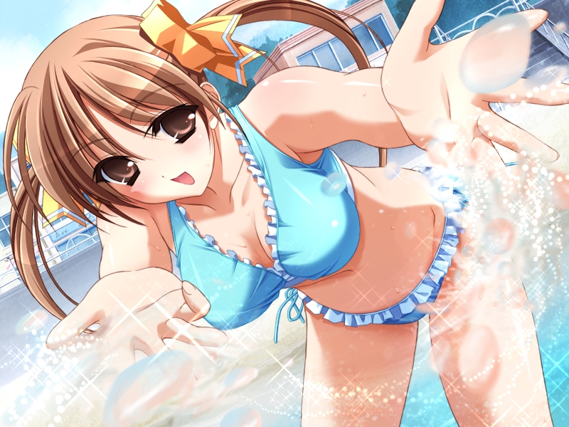 murakami suigun, kunugi ayano, pia carrot (series), pia carrot e youkoso!!, pia carrot e youkoso!! g.o., game cg, 1990s (style), 1girl, bikini, blue bikini, breasts, brown eyes, brown hair, cleavage, day, female focus, large breasts, piacarrotgo, retro artstyle, solo, swimsuit, twintails