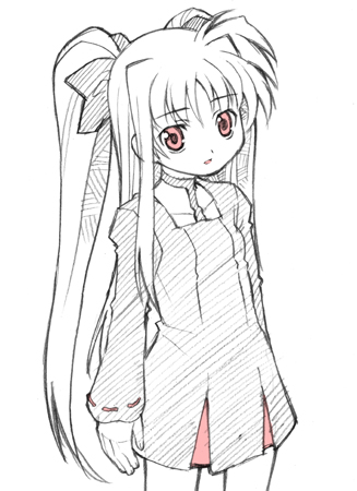 fate testarossa, lyrical nanoha, mahou shoujo lyrical nanoha, lowres, 00s, 1girl, arms at sides, cowboy shot, female focus, long hair, monochrome, simple background, solo, twintails, two side up, very long hair, white background