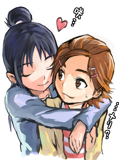 hyuuga saki, mishou mai, futari wa precure splash star, precure, 00s, 2girls, brown eyes, brown hair, heart, hug, hug from behind, long hair, multiple girls, purple hair, short hair, simple background, white background, yuri