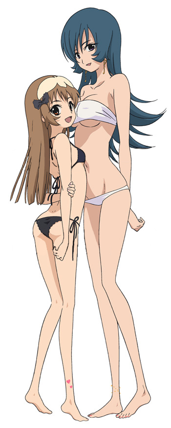 sakai kyuuta, kotona elegance, re mii, zoids, zoids genesis, official art, 00s, 2girls, :d, age difference, anklet, arms behind back, ass, back, bad proportions, bandeau, bare shoulders, barefoot, bikini, black bikini, blue eyes, blue hair, bow, breasts, brown hair, cleavage, collarbone, dimples of venus, earrings, feet, flat ass, flat chest, from behind, full body, hair bow, hair ornament, heart, holding own arm, jewelry, large breasts, legs, long hair, long legs, lowleg, lowleg bikini, multiple girls, nail polish, navel, open mouth, red eyes, side-tie bikini bottom, simple background, smile, standing, swimsuit, tattoo, underboob, white bikini