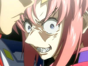 lacus clyne, gundam, gundam seed, gundam seed destiny, anime screenshot, lowres, third-party edit, 00s, 1girl, crazy, crazy eyes, creepy, fangs, female focus, grin, horror (theme), smile, solo, truth, what