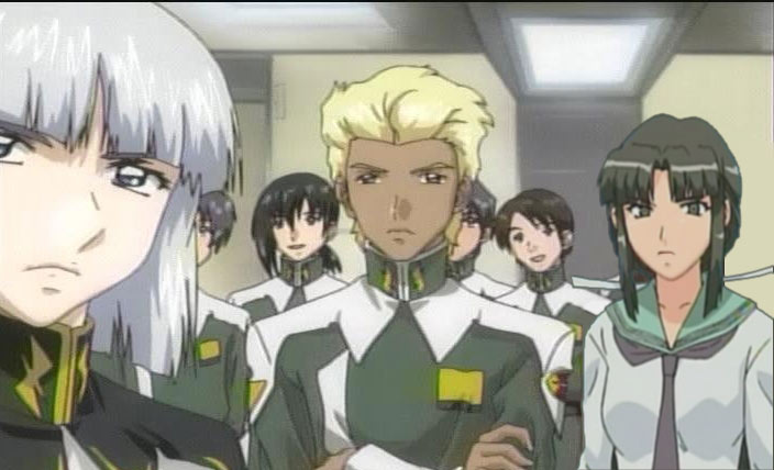 dearka elsman, mapputatsu tsubaki, yzak joule, gundam, gundam seed, gundam seed destiny, kage kara mamoru!, tsubaki, lights, looking away, silver hair, anime screenshot, jpeg artifacts, non-web source, third-party edit, 00s, 1girl, 6+boys, :d, black eyes, black hair, blonde hair, blunt bangs, bob cut, ceiling, close-up, crossed arms, crossover, dark skin, expressionless, frown, grey eyes, hair between eyes, hair ribbon, indoors, kagekaramamoru, military, military uniform, multiple boys, necktie, open mouth, parted bangs, ponytail, ribbon, school uniform, serafuku, shirt, short hair, sidelocks, smile, turtleneck, upper body