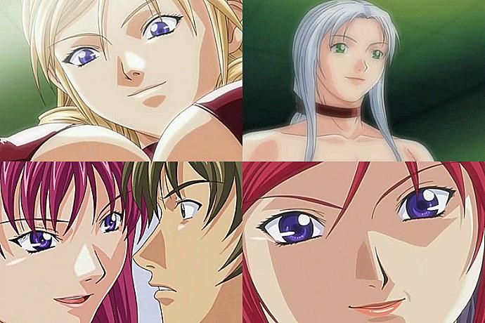 himeki, hayami takurou, himeki karen, morimoto leona, nishizaki momone, nishizaki yuri, discipline: the record of a crusade, anime screenshot, 00s, 4girls, black eyes, black hair, blonde hair, blue eyes, breasts, choker, cleavage, close-up, collage, covered erect nipples, eye contact, green eyes, large breasts, lipstick, long hair, looking at another, looking down, makeup, momore, multiple girls, naughty face, nervous, pink hair, ponytail, purple eyes, red hair, shiny clothes, smile, smirk, white hair, yuri