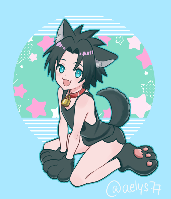 aelys77, zack fair, crisis core final fantasy vii, final fantasy, final fantasy vii, 1boy, animal collar, animal ears, animal hands, aqua eyes, bare shoulders, bell, black hair, black shorts, black tank top, blue border, border, collar, dog boy, dog ears, dog tail, fang, full body, gloves, kemonomimi mode, kneeling, looking at viewer, male focus, neck bell, open mouth, parted bangs, paw gloves, paw shoes, shorts, smile, solo, spiked hair, tail, tank top, twitter username
