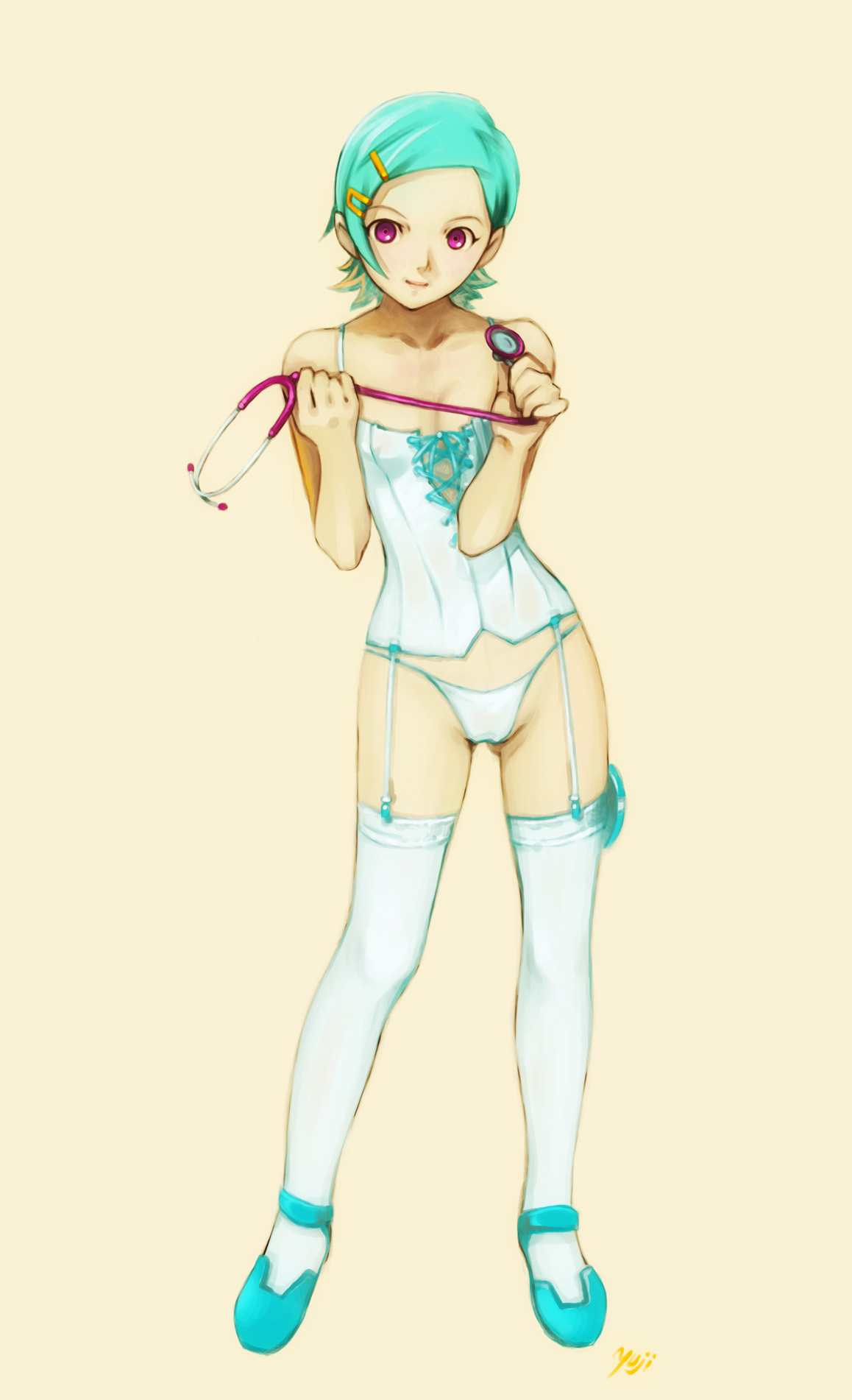 kobayashi yuji, eureka (eureka seven), eureka seven, eureka seven (series), highres, 00s, 1girl, aqua hair, blue hair, blue panties, bustier, female focus, hair ornament, hairclip, lingerie, mary janes, panties, purple eyes, shoes, short hair, solo, standing, stethoscope, thighhighs, underwear
