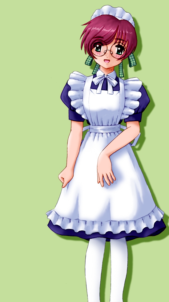 yoshida masato, ruby-chan, blush, dress, glasses, green eyes, hair ribbon, maid, pantyhose, red hair, ribbon, rubychan, short hair, solo, white pantyhose
