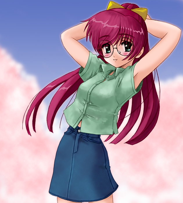 yoshida masato, ruby-chan, original, 1girl, armpit peek, armpits, arms up, blush, female focus, glasses, green eyes, long hair, midriff peek, pencil skirt, ponytail, red hair, ribbon, rubychan, skirt, solo