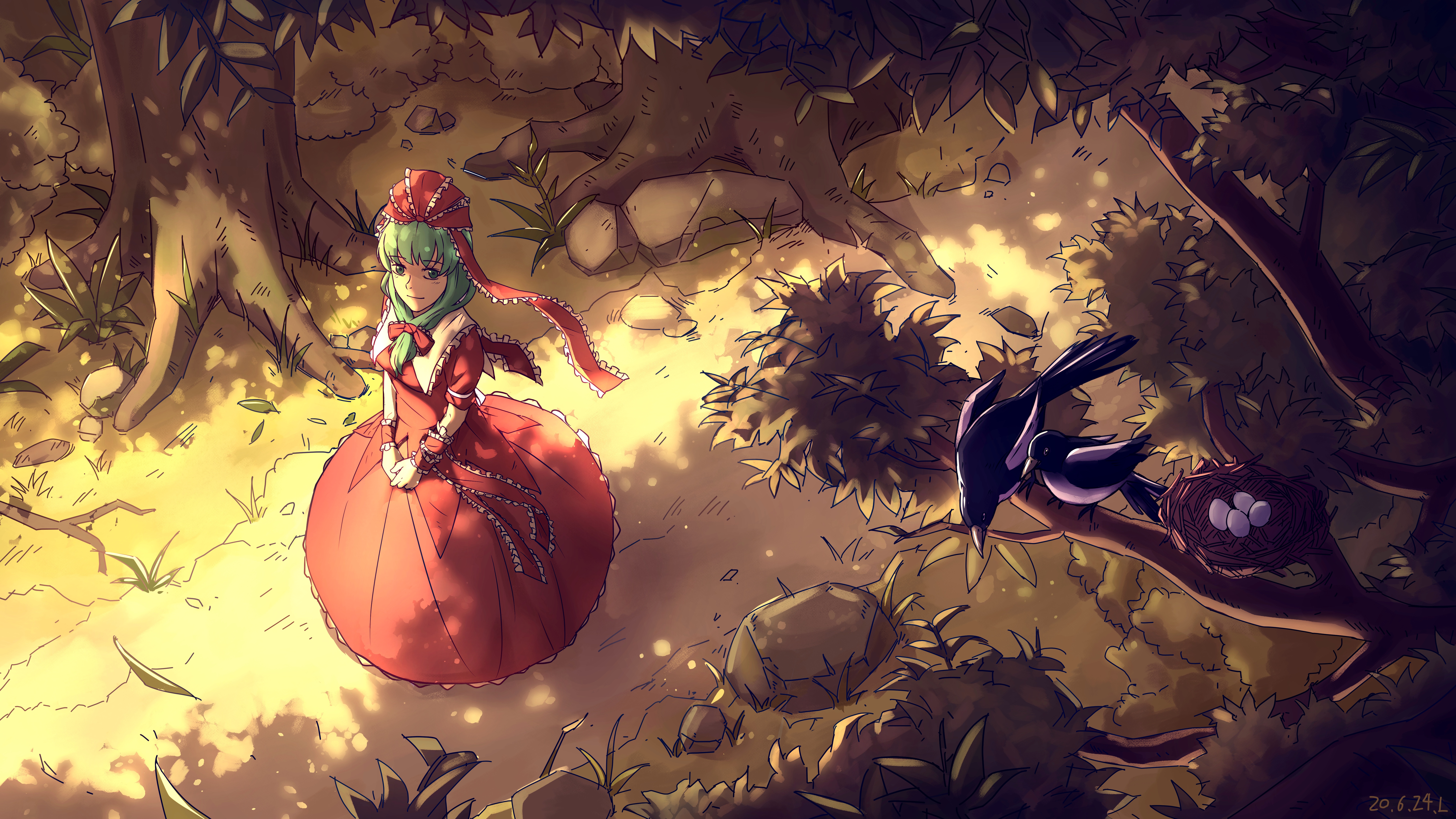 royl, kagiyama hina, touhou, absurdres, chinese commentary, commentary, highres, 1girl, arm ribbon, bird, bird nest, black bird, bow, branch, collar, dappled sunlight, dated, dirt road, dress, egg, forest, frilled collar, frilled dress, frilled ribbon, frills, from above, front ponytail, grass, green eyes, green hair, hair bow, leaf, light smile, looking to the side, looking up, medium hair, nature, nest, own hands together, path, plant roots, red bow, red dress, red ribbon, ribbon, road, rock, sideways glance, solo, sunlight, tree, white collar