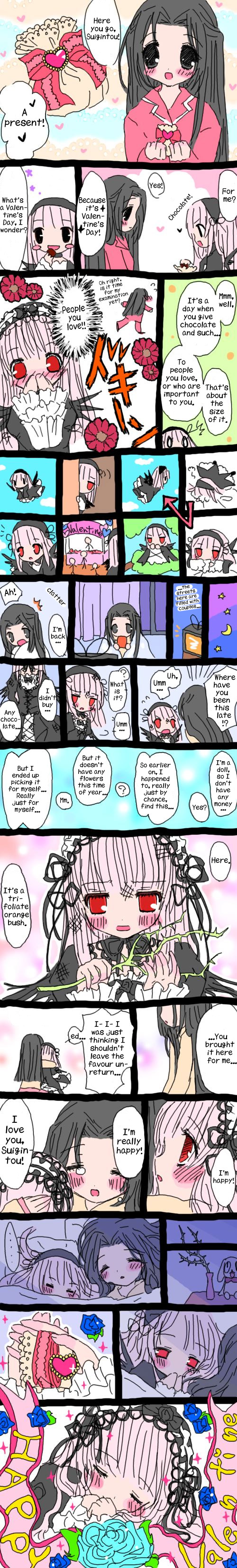 kakizaki megu, suigintou, rozen maiden, absurdres, hard-translated, highres, long image, tall image, third-party edit, translated, 00s, black eyes, black hair, blush, comic, couple, long hair, red eyes, valentine, yuri