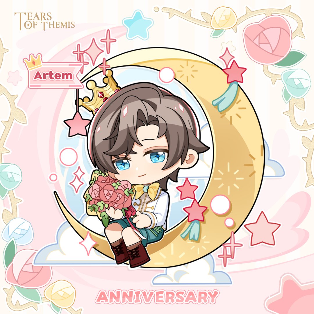 artem wing (tears of themis), tears of themis, artist request, official art, 1boy, anniversary, blue eyes, blue shorts, boots, bouquet, bow, bowtie, brown boots, brown hair, brown shoes, brown socks, character name, chibi, closed mouth, copyright name, crescent, cross-shaped pupils, crown, flower, holding, holding bouquet, jacket, lace-up boots, male focus, mini crown, parted bangs, pink flower, pink rose, rose, shoes, shorts, sitting, smile, socks, solo, symbol-shaped pupils, tilted headwear, white jacket, yellow bow, yellow bowtie