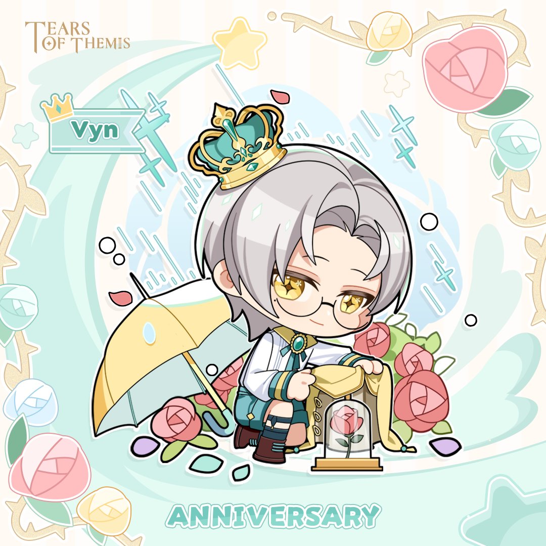 vyn richter (tears of themis), tears of themis, artist request, official art, 1boy, anniversary, black-framed eyewear, blue shorts, blue socks, boots, brooch, brown boots, brown jacket, brown umbrella, character name, chibi, closed mouth, collared shirt, copyright name, cross-shaped pupils, crown, flower, glasses, holding, holding jacket, holding unworn clothes, jacket, jewelry, male focus, mini crown, on one knee, petals, pink flower, pink rose, rain, rose, rose petals, shirt, shorts, smile, socks, solo, symbol-shaped pupils, tilted headwear, umbrella, unworn jacket, white shirt, yellow eyes