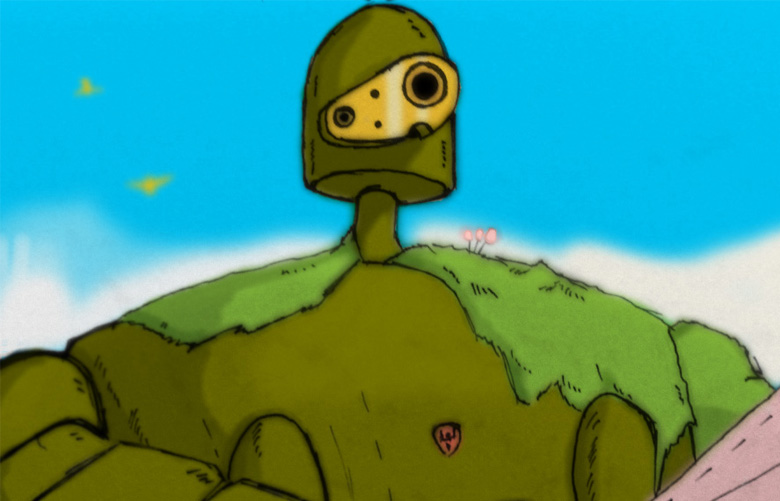 laputa robot, studio ghibli, tenkuu no shiro laputa, bird, blue sky, day, flower, moss, no humans, non-humanoid robot, robot, sky, upper body