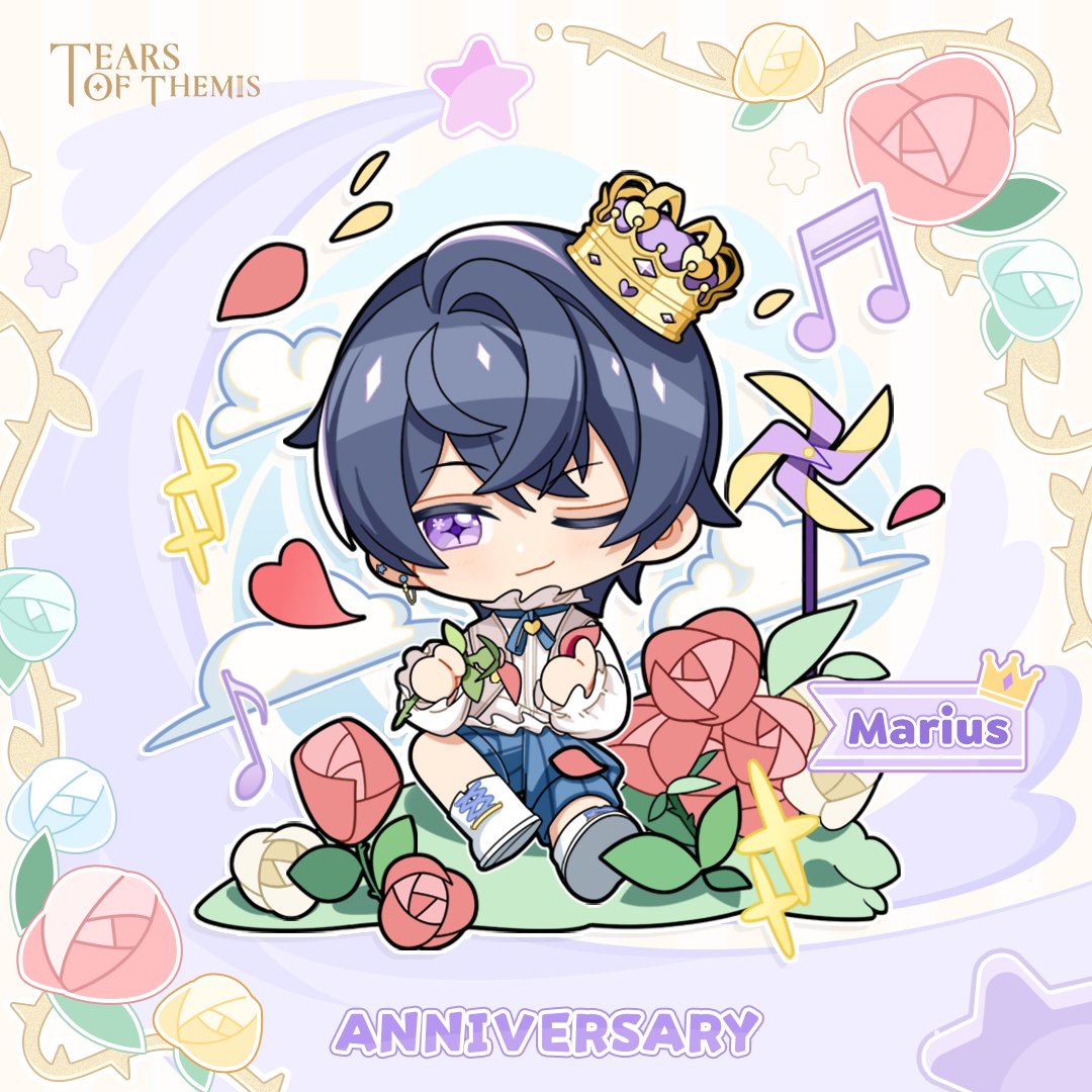 marius von hagen (tears of themis), tears of themis, artist request, official art, 1boy, ;), anniversary, beamed sixteenth notes, black hair, blue shorts, boots, character name, chibi, closed mouth, cloud, copyright name, cross-shaped pupils, crown, flower, holding, holding flower, holding petal, lace-up boots, male focus, mini crown, musical note, one eye closed, petals, pink flower, pink rose, pinwheel, puffy shorts, purple eyes, rose, shirt, shoe soles, shorts, smile, solo, symbol-shaped pupils, tilted headwear, white boots, white flower, white rose, white shirt