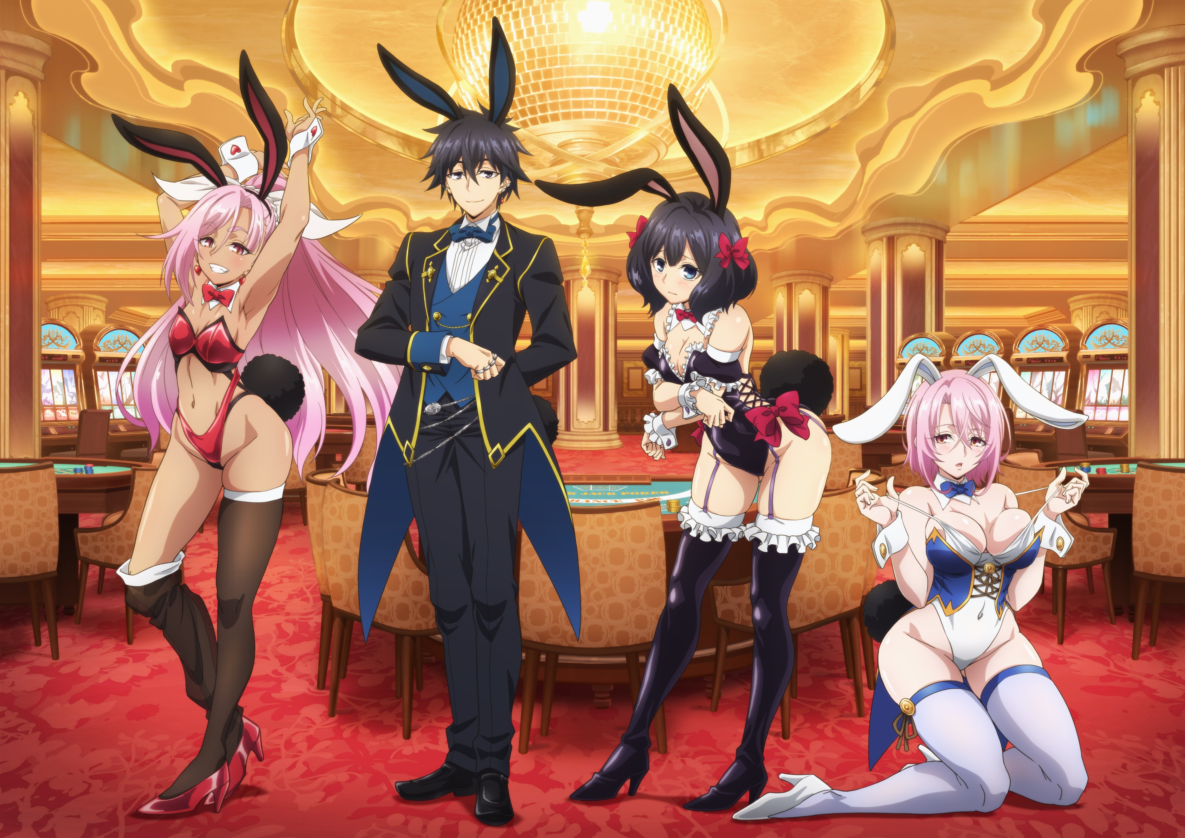 krai andrey, liz smart, sitri smart, tino shade, nageki no bourei wa intaishitai, absurdres, artist request, highres, official art, 1boy, 3girls, animal ears, arms up, asymmetrical legwear, black hair, black leotard, black shoes, black thighhighs, blue eyes, breasts, bunny day, casino, chain, dark-skinned female, dark skin, formal clothes, frills, gold trim, high heels, jewelry, kneeling, large breasts, leotard, multiple girls, pink hair, playboy bunny, pulling own clothes, rabbit ears, rabbit tail, red eyes, red shoes, ring, shoes, suit, tail, thighhighs, white leotard, white shoes, white thighhighs, wrist cuffs