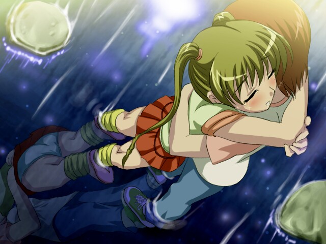 sanshita, kurusu tomari, osaragi hazumu, kashimashi, 00s, 1boy, 1girl, blonde hair, hetero, hug, panties, pantyshot, pantyshot through reflection, reflection, standing, underwear, water