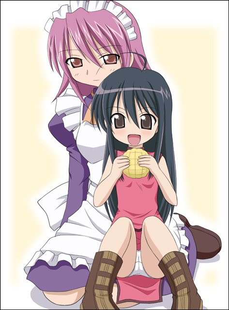 hirosue maron, shana, wilhelmina carmel, shakugan no shana, 00s, 2girls, apron, black hair, boots, bread, dress, food, headdress, kneeling, maid, maid apron, melon bread, multiple girls, panties, pantyshot, pink dress, pink skirt, purple dress, short dress, sitting, skirt, underwear, white panties