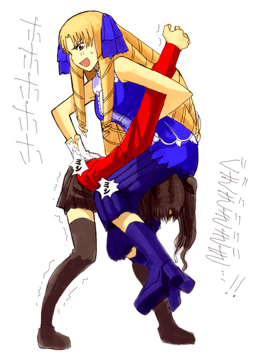yu 65026, luviagelita edelfelt, tohsaka rin, fate/hollow ataraxia, fate/stay night, fate (series), black legwear, 00s, 2girls, blonde hair, drill hair, multiple girls, octopus hold, sitting, sitting on person, submission hold, thighhighs, wrestling