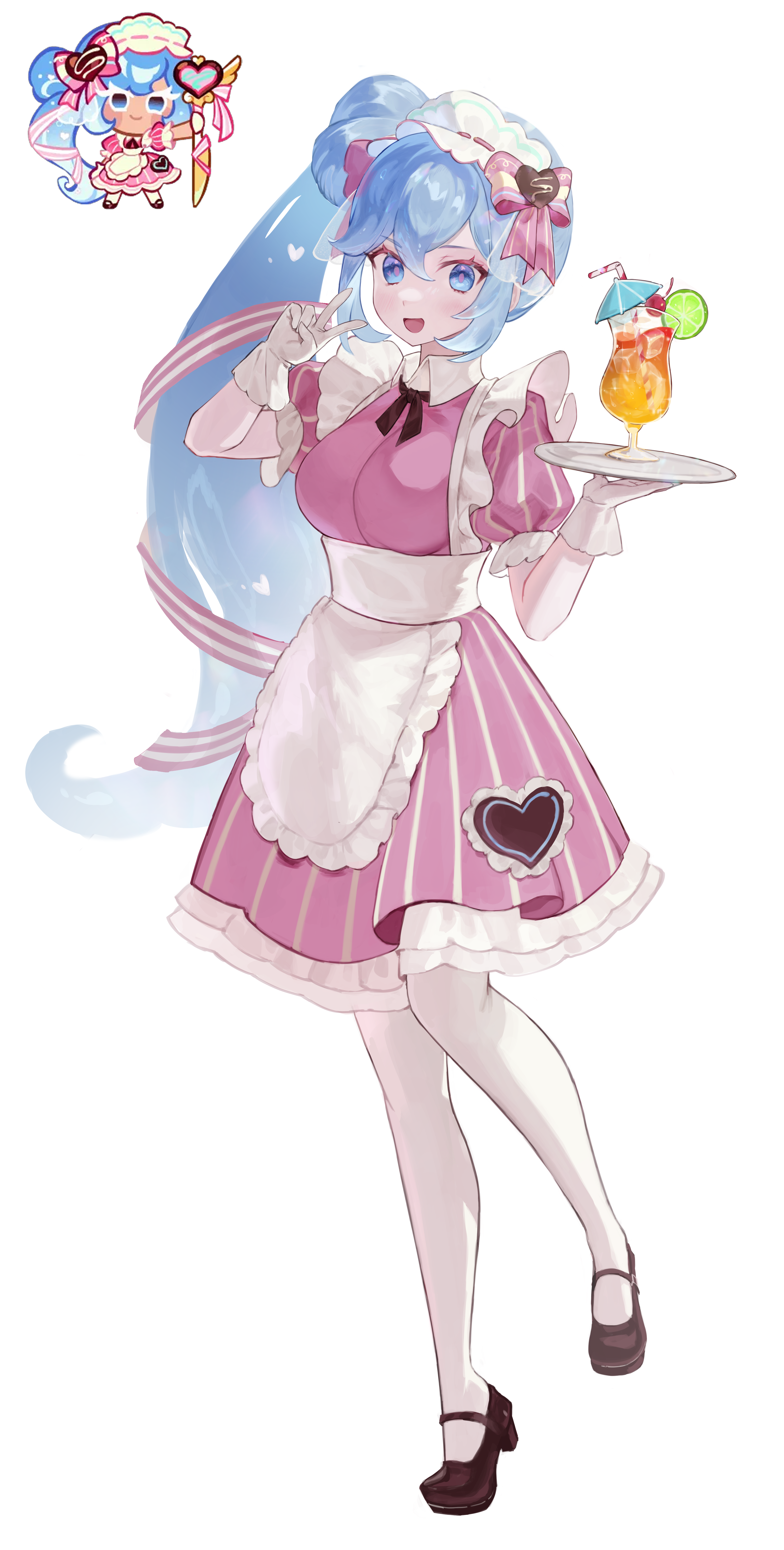 jucie oz (user tntm4757), cream soda cookie, cream soda cookie (desserts with love), cookie run, cookie run: ovenbreak, absurdres, commentary, english commentary, highres, 1girl, :d, apron, black bow, black bowtie, black shoes, blue eyes, blue hair, bow, bowtie, breasts, candy, chocolate, chocolate heart, collared dress, cup, double-parted bangs, dress, drinking straw, food, frilled apron, frilled gloves, frilled hairband, frilled sleeves, frills, fruit, full body, glass, gloves, hair between eyes, hair bow, hair bun, hairband, hands up, heart, heart-shaped food, high heels, high side ponytail, holding, holding tray, humanization, ice, ice cube, knees together feet apart, large breasts, lime (fruit), lime slice, long hair, mary janes, medium dress, no sclera, official alternate costume, official alternate hairstyle, official art inset, open mouth, pantyhose, petticoat, pink bow, pink dress, pink hairband, pink pupils, reference inset, shoes, sidelocks, simple background, single side bun, smile, solo, standing, standing on one leg, striped clothes, striped dress, tongue, tray, v, vertical-striped clothes, vertical-striped dress, very long hair, waist apron, white apron, white background, white gloves, white pantyhose, white petticoat