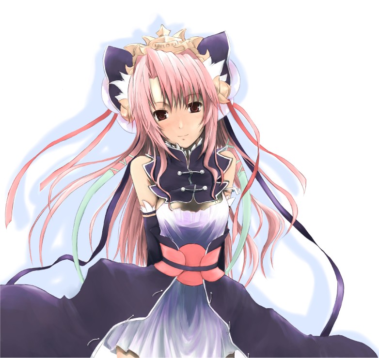 akahoshi kenji, bare shoulders, belt, brown eyes, dress, gloves, long hair, pink hair, ribbon, solo