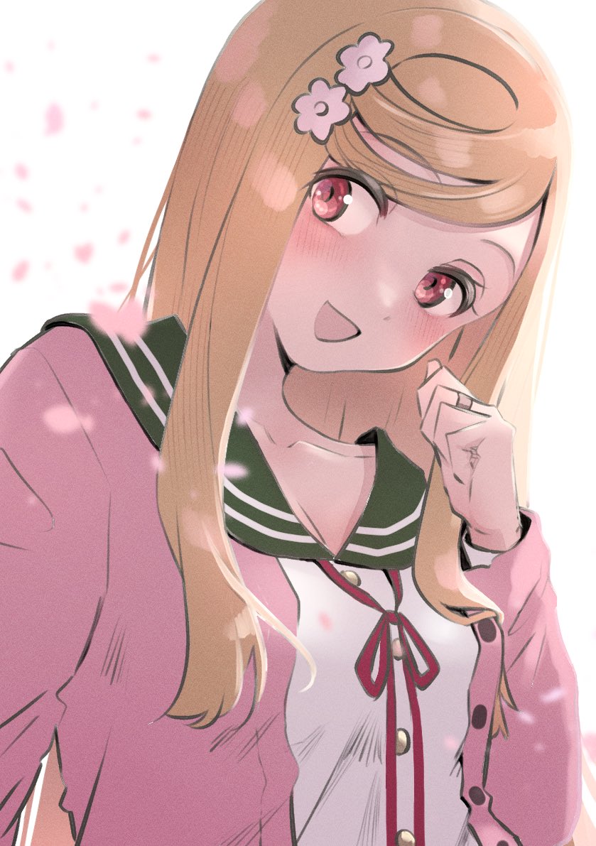 sansho ss, kurusu alexandra, magia record: mahou shoujo madoka magica gaiden, mahou shoujo madoka magica, 1girl, blonde hair, flower, hair flower, hair ornament, jacket, jewelry, long hair, open mouth, pink eyes, pink jacket, ring, solo, white background