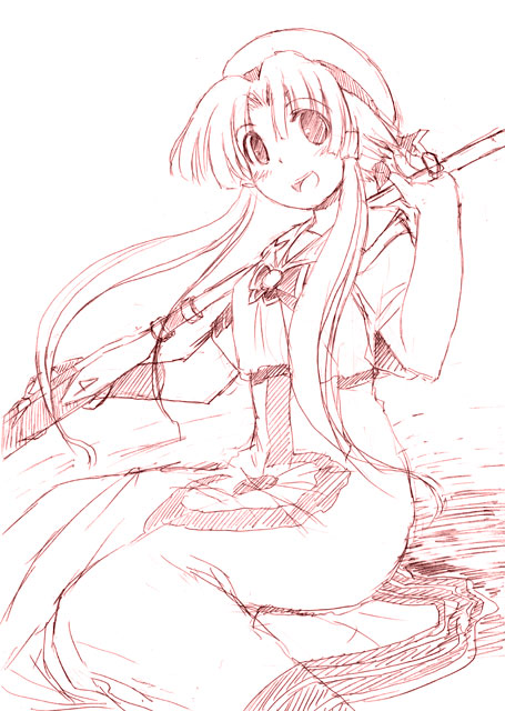 nagumo (nagumon), mizunashi akari, aria (manga), 00s, 1girl, arms up, blouse, dress, female focus, gun, hair tubes, hat, holding, holding weapon, long hair, looking at viewer, monochrome, oar, rifle, shirt, short hair with long locks, sitting, smile, solo, very long hair, weapon, white shirt
