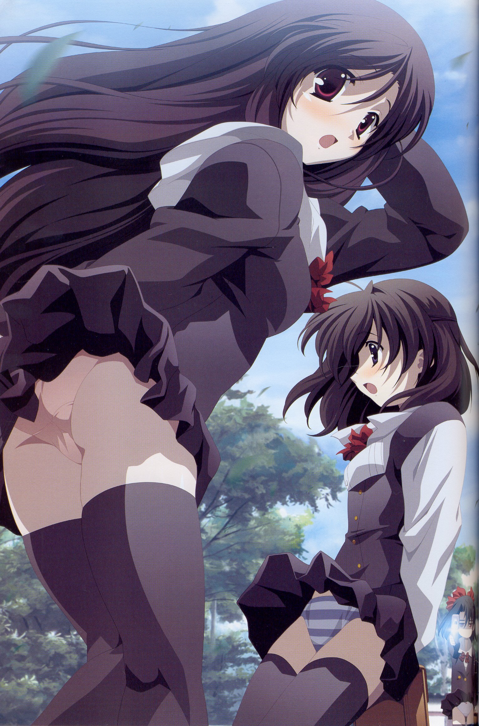 gotou junji, katsura kotonoha, kiyoura setsuna, saionji sekai, school days, highres, official art, scan, scan artifacts, 00s, 3girls, ass, black thighhighs, blouse, blue panties, miniskirt, multiple girls, panties, pantyshot, pink panties, pleated skirt, ribbon, school uniform, serafuku, shirt, skirt, skirt tug, standing, striped clothes, striped panties, thighhighs, underwear, vest, wind, wind lift