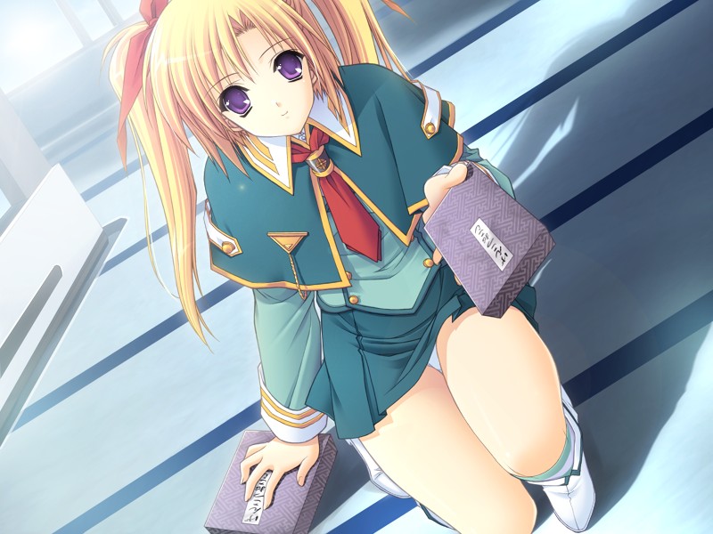 suzuhira hiro, nitta aki, soul link, game cg, 00s, 1girl, blonde hair, boots, dutch angle, female focus, gift, hair ribbon, holding, holding gift, incoming gift, kneehighs, kneeling, long hair, miniskirt, necktie, panties, pantyshot, pleated skirt, pov, purple eyes, ribbon, school uniform, serafuku, shadow, skirt, smile, socks, solo, twintails, underwear, white panties