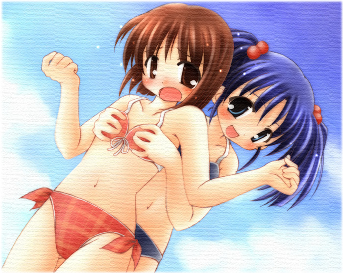 scan, 2girls, bikini, blue hair, blush, breasts, brown hair, day, dutch angle, grabbing another's breast, groping, kodomo doushi, loli, multiple girls, plaid bikini, plaid clothes, side-tie bikini bottom, small breasts, swimsuit, yuri