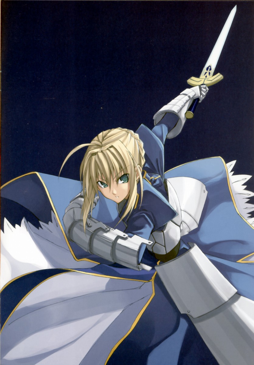 shingo (missing link), artoria pendragon (fate), saber (fate), fate/stay night, fate (series), 00s, 1girl, armor, armored dress, blonde hair, dress, excalibur (fate/stay night), female focus, solo
