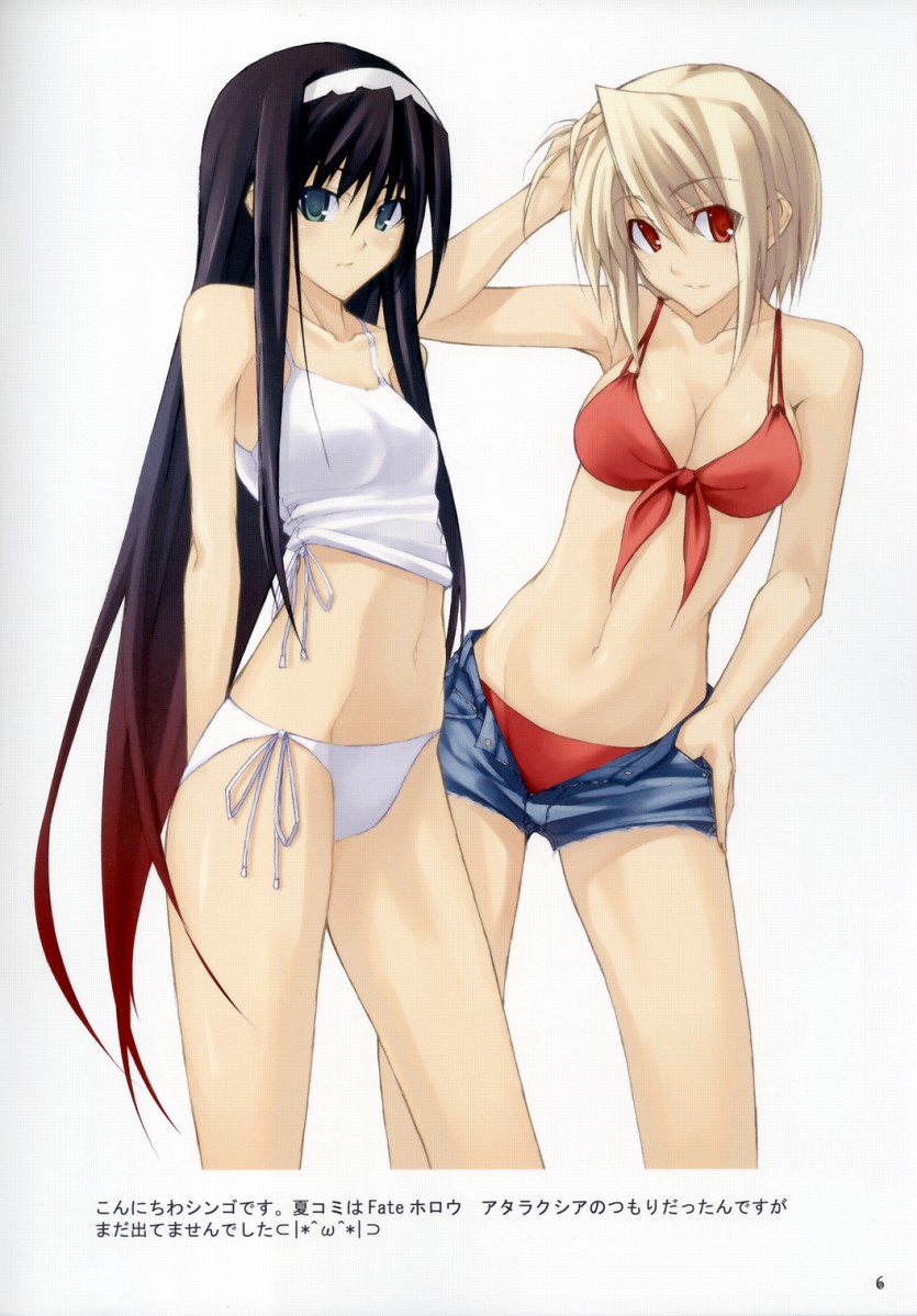shingo (missing link), arcueid brunestud, tohno akiha, tsukihime, 00s, 2girls, arms behind back, bikini, black hair, blonde hair, breasts, camisole, cleavage, cutoffs, denim, denim shorts, green eyes, large breasts, lingerie, long hair, midriff, multiple girls, red eyes, short hair, short shorts, shorts, side-tie bikini bottom, swimsuit, underwear
