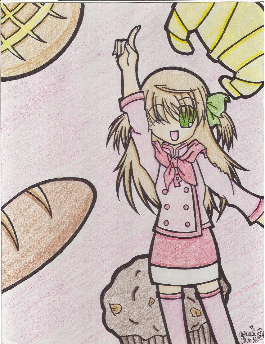 azusagawa tsukino, yakitate!! japan, traditional media, 00s, 1girl, blonde hair, bread, bread bun, cowboy shot, croissant, facing viewer, female focus, food, green eyes, index finger raised, looking at viewer, muffin, one eye closed, pencil, ribbon, skirt, smile, solo, standing, thighhighs, wink, zettai ryouiki
