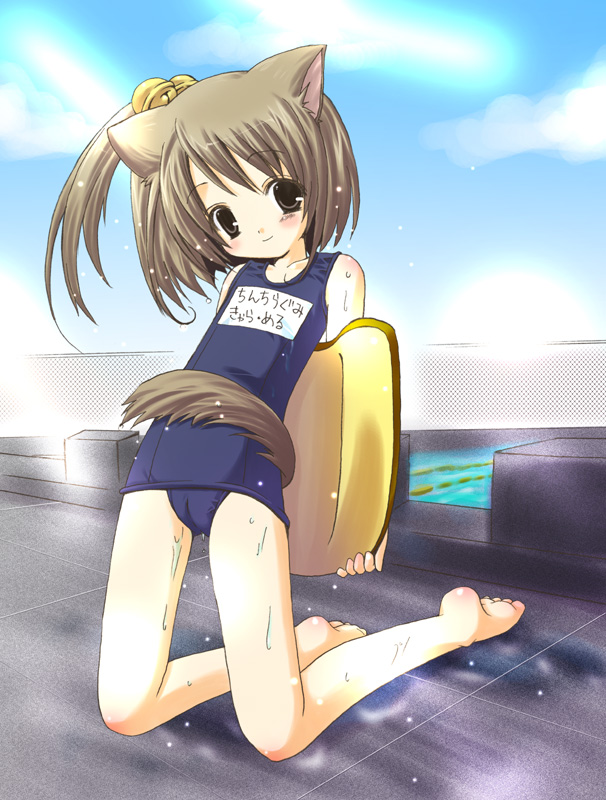 alto seneka, seneka alto, copyright request, 1girl, animal ears, bell, cameltoe, dog ears, female focus, kickboard, loli, name tag, one-piece swimsuit, pool, poolside, school swimsuit, side ponytail, solo, swimsuit, tail, water, wet