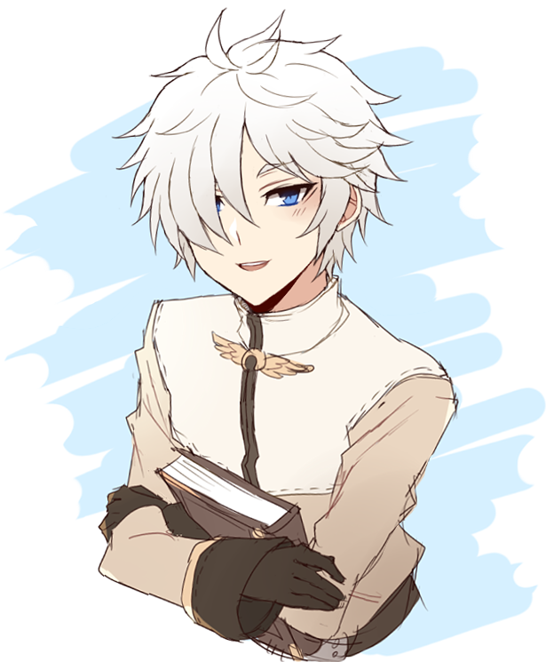 acolyte (ragnarok online), ragnarok online, 1boy, aged down, alternate costume, astrarunia, black gloves, blue eyes, book, brown coat, chen lio, coat, gloves, grey hair, hair over one eye, holding, holding book, long sleeves, looking at viewer, male focus, short hair, smile, solo, upper body