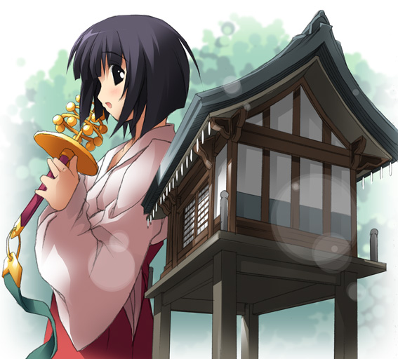 kantoku, saegusa miko, kamichu!, 00s, 1girl, bell, black eyes, bob cut, female focus, hakama, hakama skirt, japanese clothes, jingle bell, kagura suzu, miko, purple hair, red hakama, short hair, shrine, skirt, solo