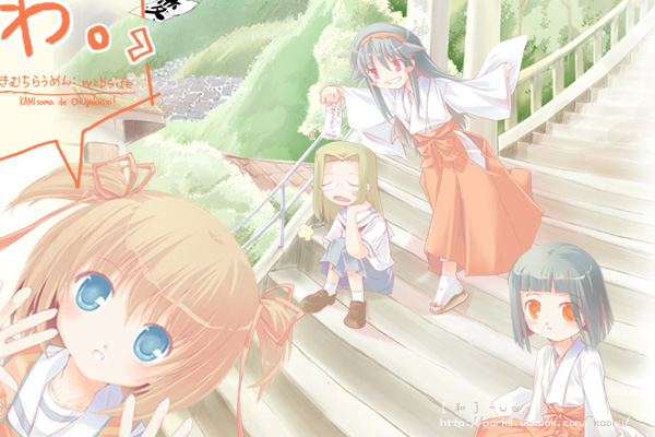 hitotsubashi yurie, saegusa matsuri, saegusa miko, shijou mitsue, kamichu!, 00s, 4girls, blonde hair, blue eyes, blue hair, brown eyes, glasses, hakama, hakama skirt, japanese clothes, long hair, miko, multiple girls, pleated skirt, red hakama, school uniform, serafuku, short hair, skirt, stairs