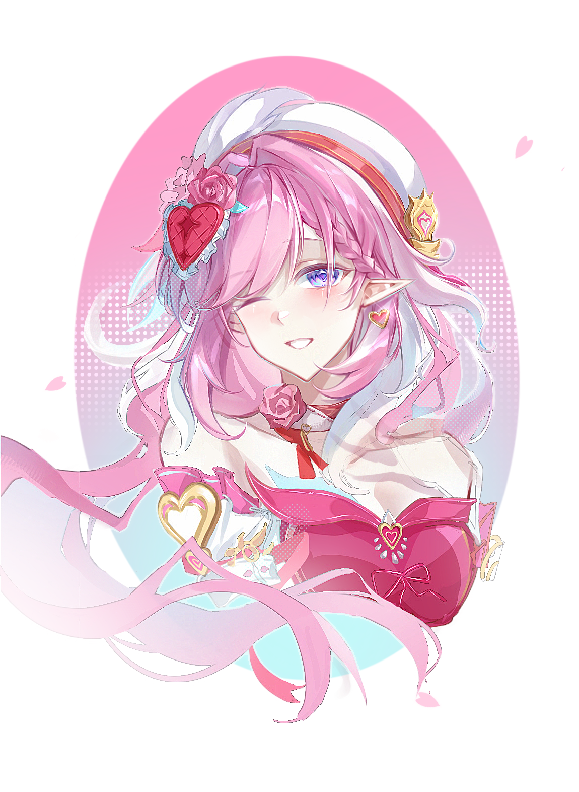 elysia (honkai impact), honkai (series), honkai impact 3rd, chinese commentary, commentary request, highres, 1girl, 9953613546, ;), breasts, cleavage, cropped torso, diamond-shaped pupils, diamond (shape), dress, flower, hair flower, hair ornament, hat, large breasts, long hair, multicolored hair, one eye closed, pink hair, purple eyes, red dress, simple background, smile, solo, symbol-shaped pupils, two-tone hair, very long hair, white background, white hair, white hat