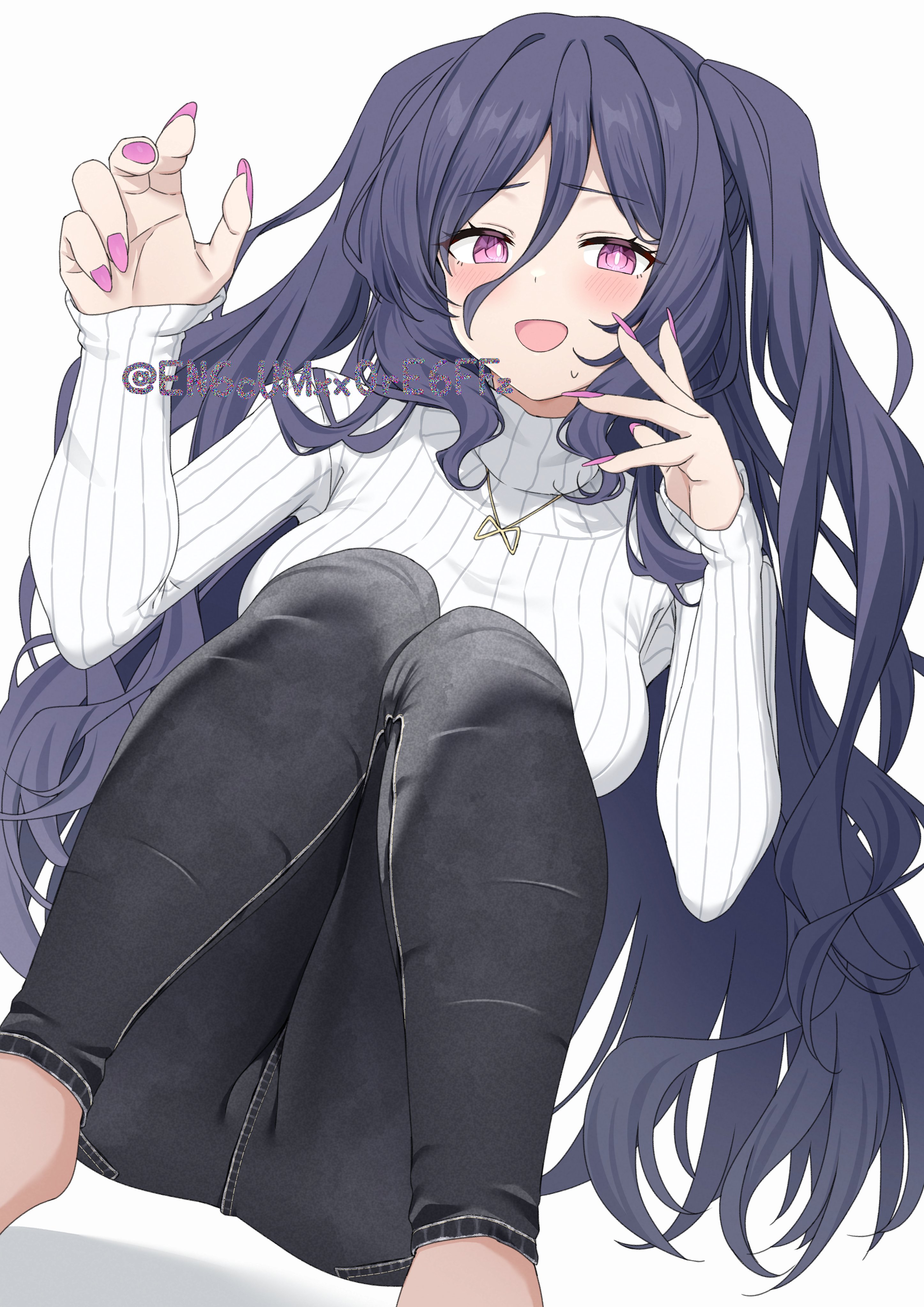yamano rokamizu, purple-haired girl (yamano rokamizu), original, absurdres, commentary, highres, 1girl, :d, barefoot, black pants, breasts, bright pupils, casual, curled fingers, denim, double-parted bangs, dutch angle, feet out of frame, fingernails, furrowed brow, hair between eyes, hands up, jeans, jewelry, knees together feet apart, knees up, long fingernails, long hair, long hair between eyes, long sleeves, looking at viewer, medium breasts, nail polish, necklace, open mouth, pants, pink eyes, pink nails, purple hair, ribbed sweater, simple background, sleeves past wrists, smile, solo, squatting, sweatdrop, sweater, turtleneck, turtleneck sweater, twitter username, two side up, very long hair, white background, white pupils, white sweater