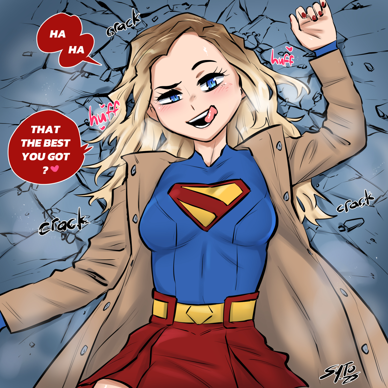 sytokun, supergirl, superman (2025), highres, 1girl, blonde hair, blue bodysuit, blue eyes, bodysuit, brown coat, coat, crack, cracked floor, crazy eyes, heavy breathing, long hair, red nails, red skirt, skirt, solo, superhero costume, tongue, tongue out