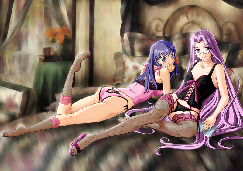 fujimori saya, matou sakura, medusa (fate), medusa (rider) (fate), fate/stay night, fate (series), 00s, 2girls, ass, bed, black panties, blue eyes, blue hair, bustier, fishnets, garter belt, glasses, high heels, leaning, leg lift, lingerie, long hair, looking back, lying, multiple girls, on stomach, panties, pink panties, print panties, purple eyes, purple hair, see-through clothes, shoes, side-tie panties, single shoe, sitting, thighhighs, underwear, very long hair