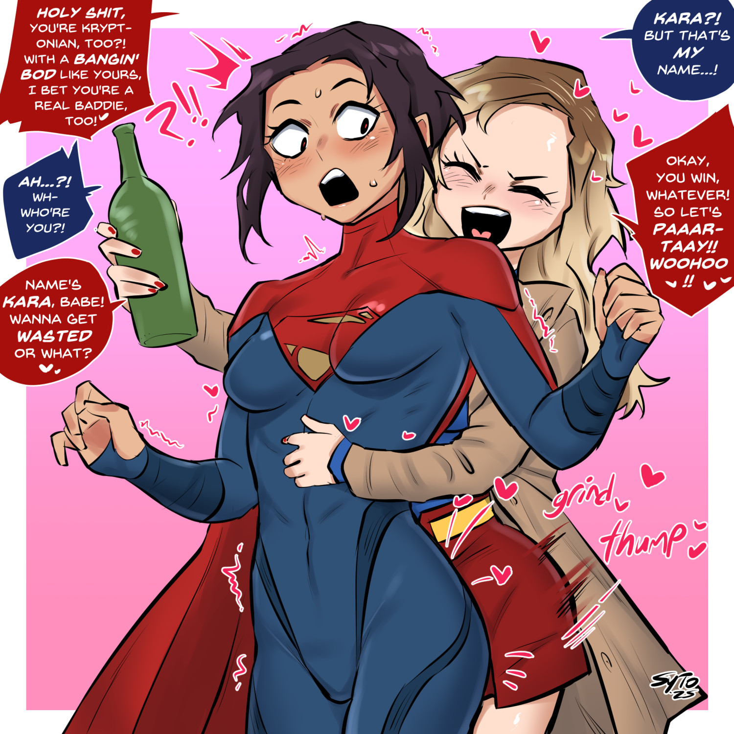 sytokun, supergirl, dc comics, dc universe (franchise), superman (2025), superman (series), the flash (series), highres, 2girls, black hair, blonde hair, blue bodysuit, bodysuit, boots, bottle, breasts, brown coat, brown eyes, coat, covered navel, drunk, heart, holding, holding bottle, humping, in-franchise crossover, long hair, multiple girls, multiple persona, open mouth, red boots, red nails, red skirt, short hair, simple background, skin tight, skirt, standing, superhero costume, sweatdrop, two-tone background, yuri