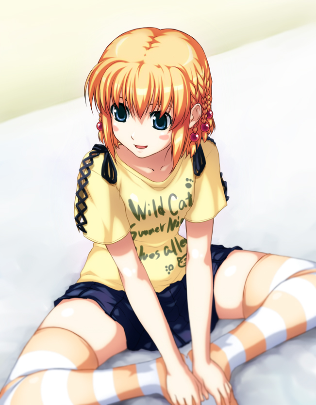 puyo (puyotopia), topia, kanisawa kinu, tsuyokiss, 1girl, blonde hair, blue eyes, butterfly sitting, female focus, hair ornament, hands on feet, short hair, sitting, skirt, solo, striped clothes, striped thighhighs, thighhighs, zettai ryouiki