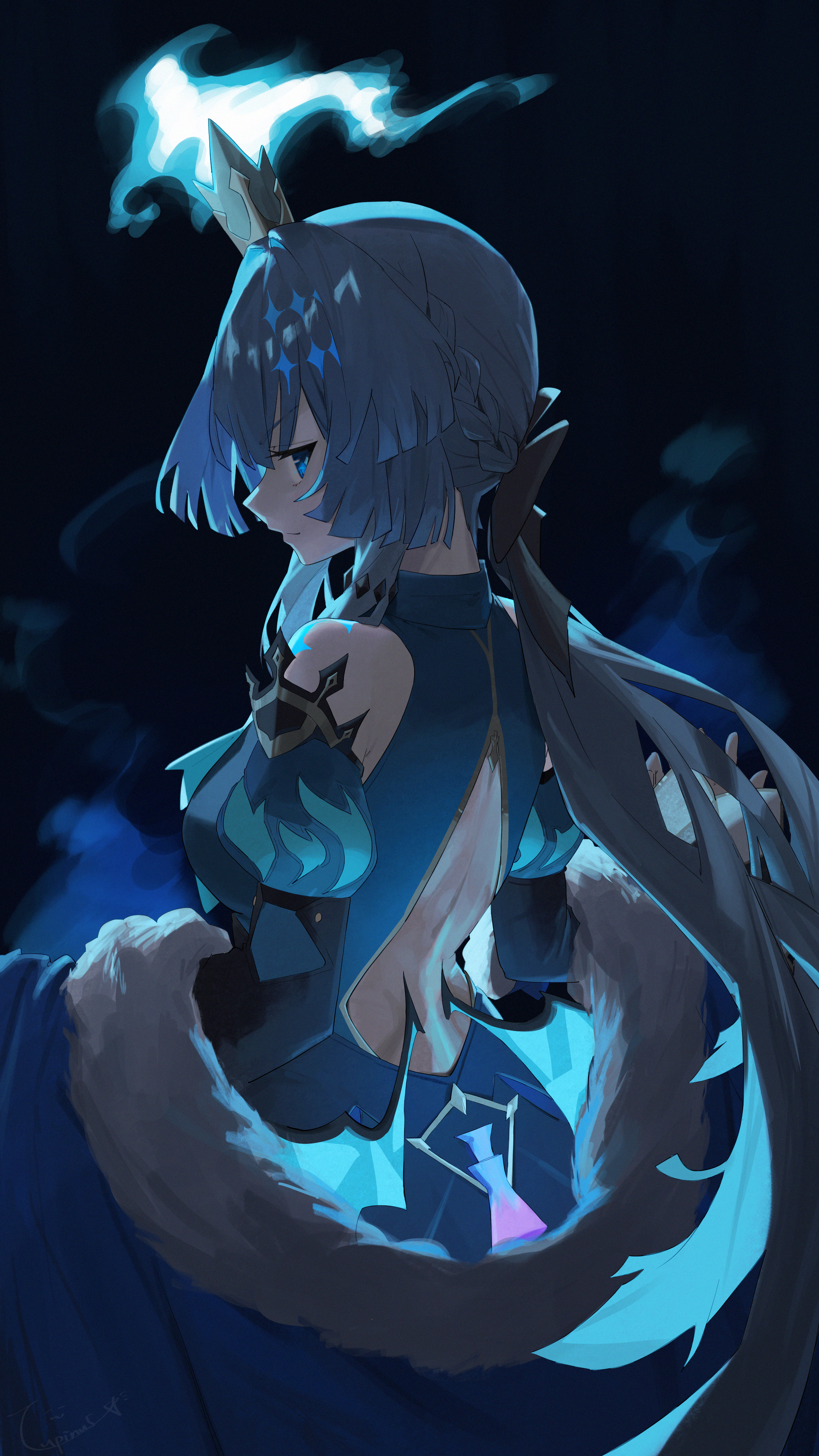 lupinu5, cerydra (honkai: star rail), honkai: star rail, honkai (series), absurdres, commentary request, highres, 1girl, back, backless dress, backless outfit, blue cape, blue dress, blue eyes, blue hair, breasts, cape, crown, detached sleeves, dress, from side, fur-trimmed cape, fur trim, long hair, small breasts, solo, very long hair, wings