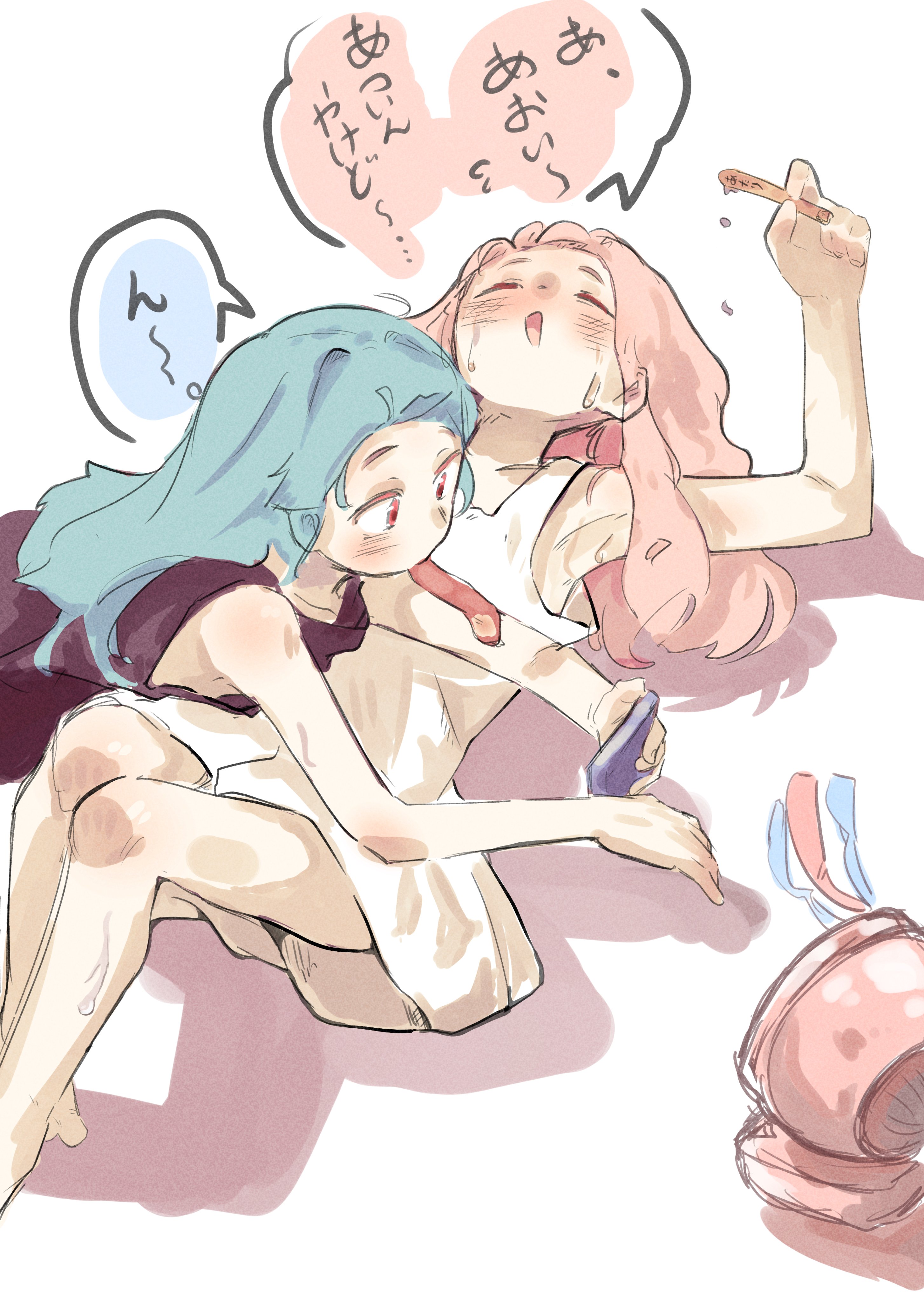 yzkmoq 00, original, absurdres, commentary request, highres, translation request, 2girls, aqua hair, arm up, armpits, blush, cellphone, dress, electric fan, fanning self, film grain, food, food in mouth, forehead, holding, holding food, holding phone, holding popsicle, hot, long hair, looking at phone, lying, melting popsicle, multiple girls, on stomach, open mouth, phone, pink hair, popsicle, popsicle in mouth, purple shirt, shirt, simple background, sketch, sleeveless, sleeveless dress, sleeveless shirt, smartphone, speech bubble, sweat, white background, white dress